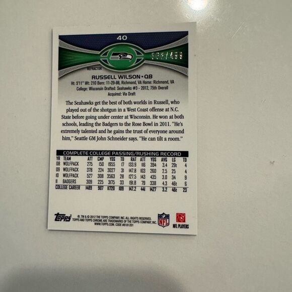 Topps chrome Kids Trading Card of Russell Wilson 362/499 refractor mint - Picture 3 of 5